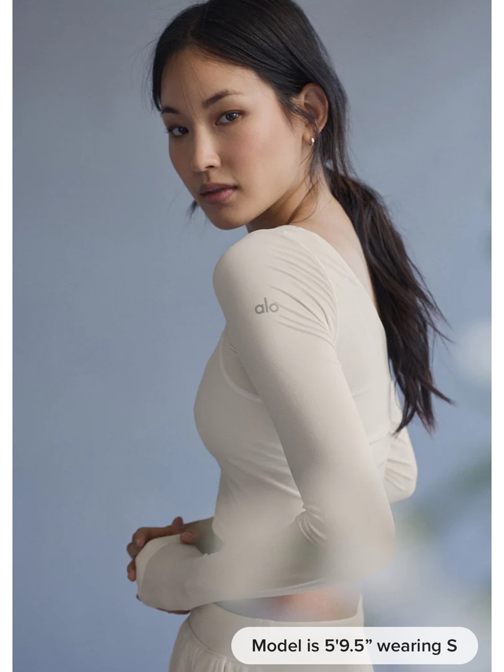 ALO Asymmetric Sheer Glow Long Sleeve XS Ivory Cream - Picture 11 of 12